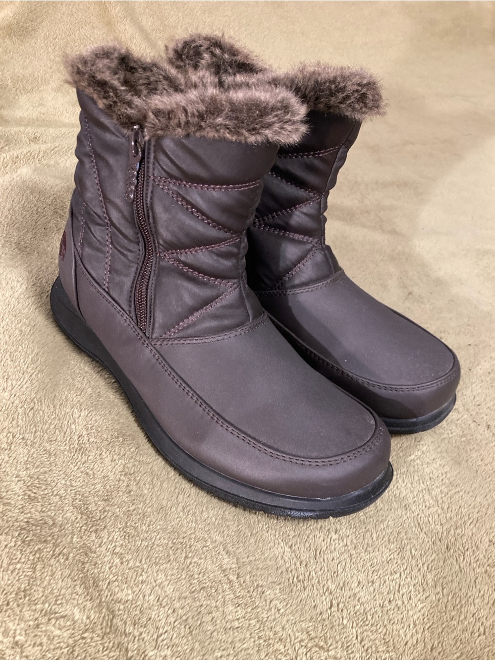 EUC Totes Ankle Boots Double Zipper Faux Fur Waterproof Brown Size 9M